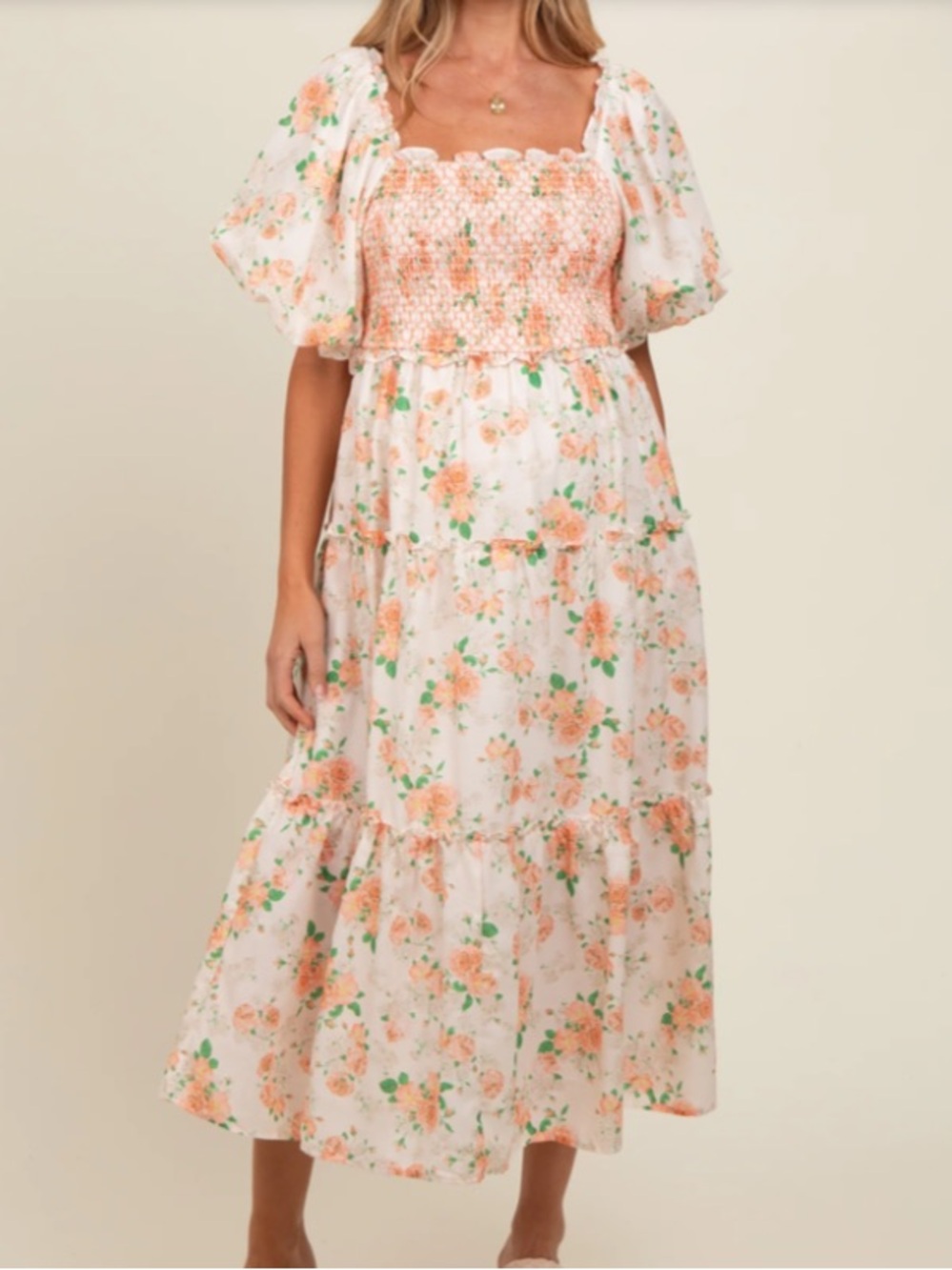 PinkBlush Peach Floral Smocked Puff Sleeve Maternity Midi Dress